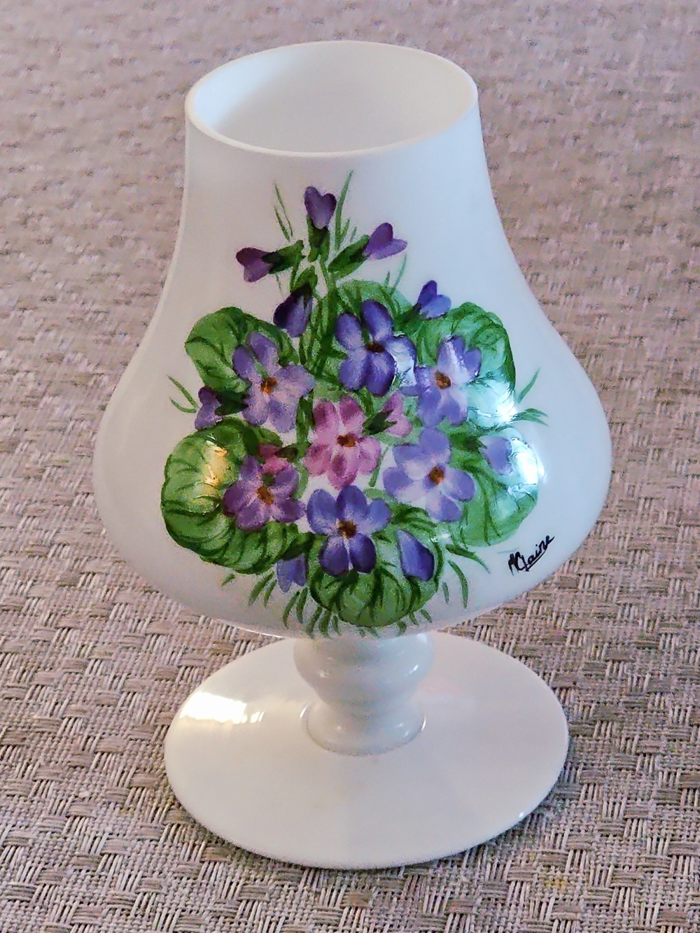 Orwal France Signed  Hand-Painted Violet Flowers White Porcelain Goblet Vase